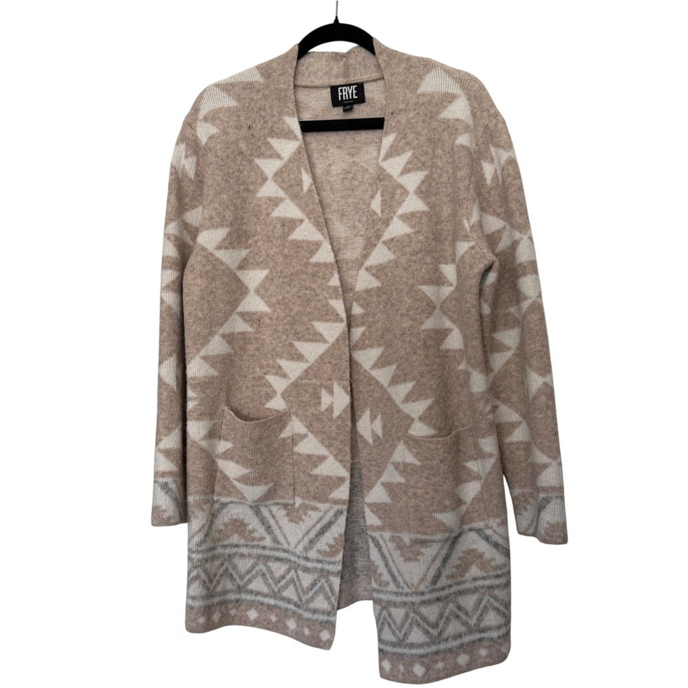 Frye Womens Southwestern Geometric Open Front Cardigan Beige Cream Large
